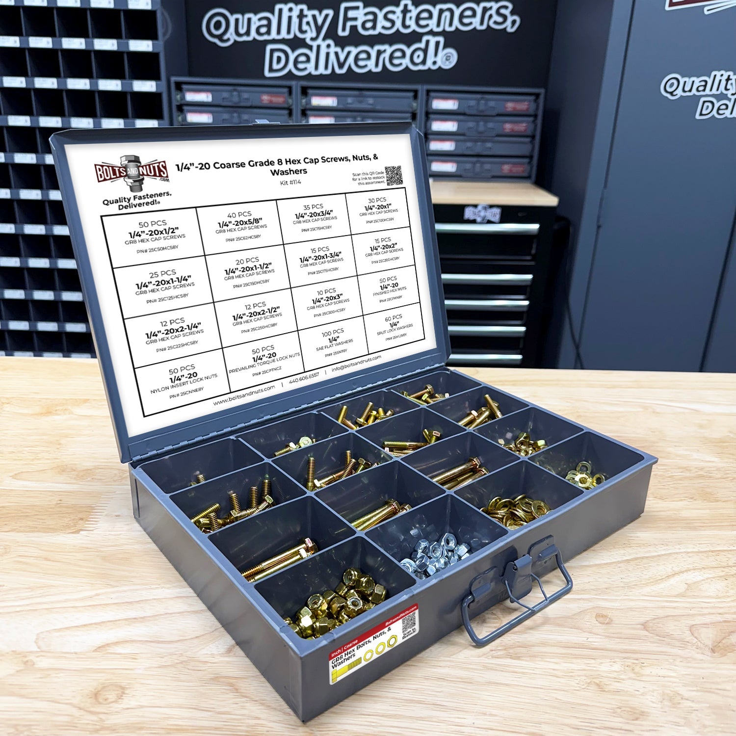 1/4"-20 Coarse Grade 8 Hex Cap Screws, Nuts, & Washers - 575 PCS