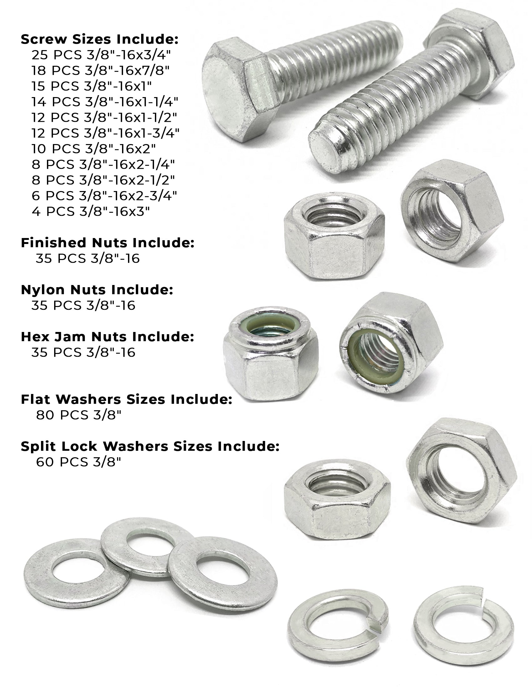 3/8"-16 Coarse 18-8 Stainless Steel Hex Cap Screws, Nuts, & Washers - 378 PCS
