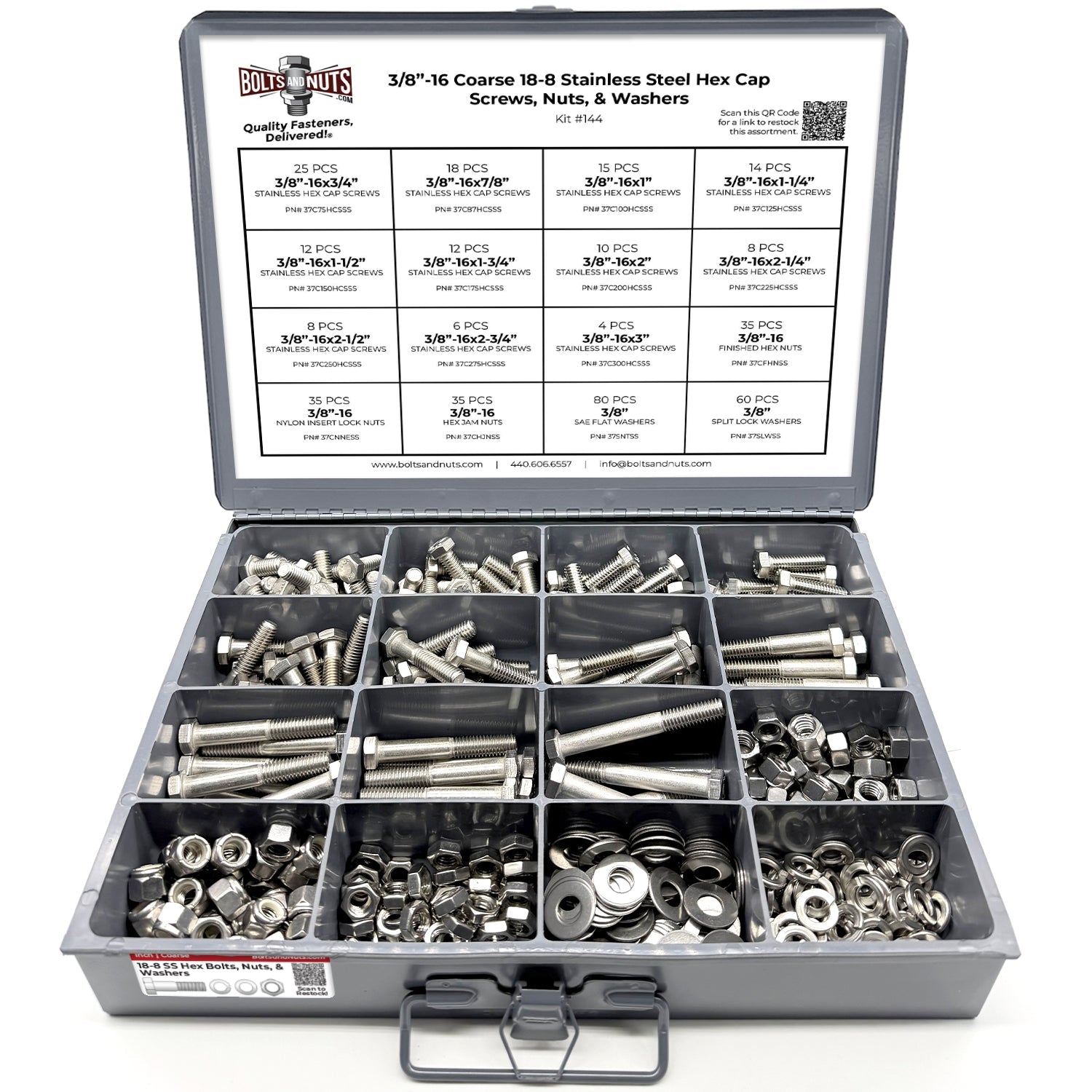 3/8"-16 Coarse 18-8 Stainless Steel Hex Cap Screws, Nuts, & Washers - 378 PCS