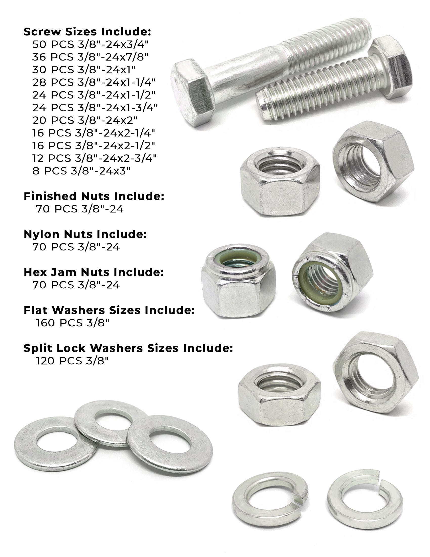 3/8"-24 Fine 18-8 Stainless Steel Hex Cap Screws, Nuts, & Washers - 754 PCS