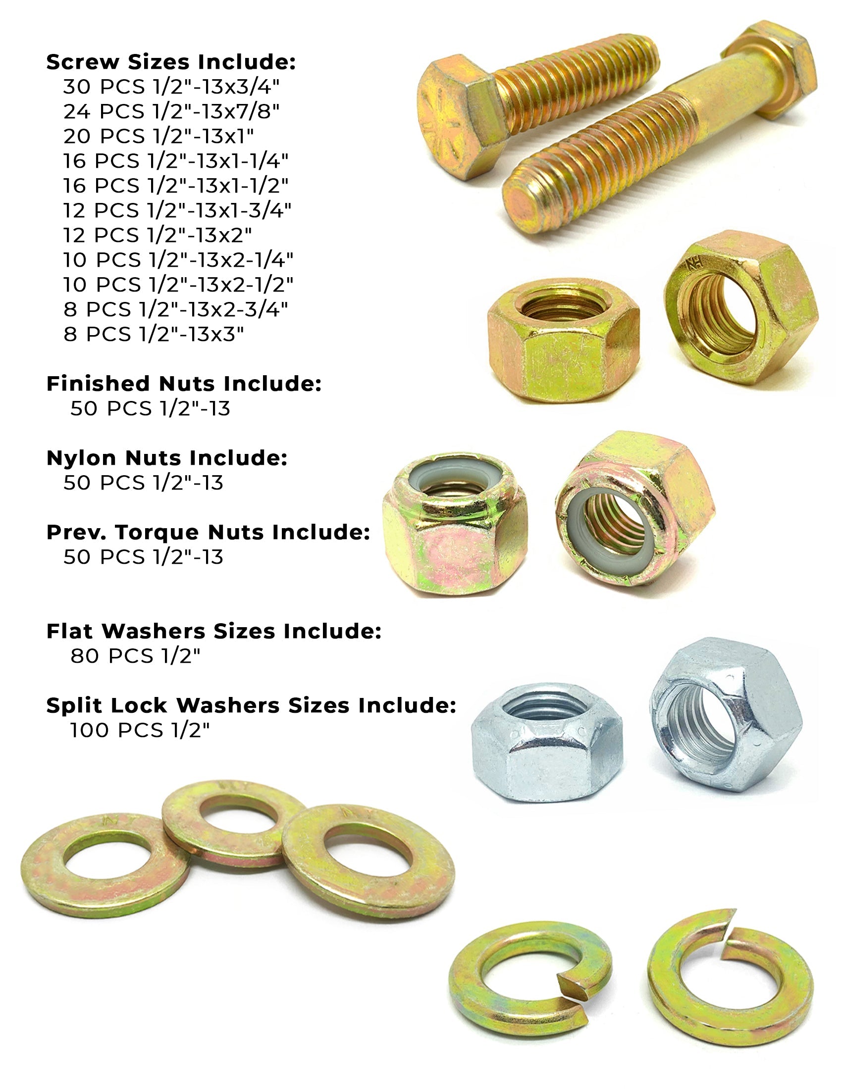 1/2"-13 Coarse Grade 8 Hex Cap Screws, Nuts, & Washers - 497 PCS