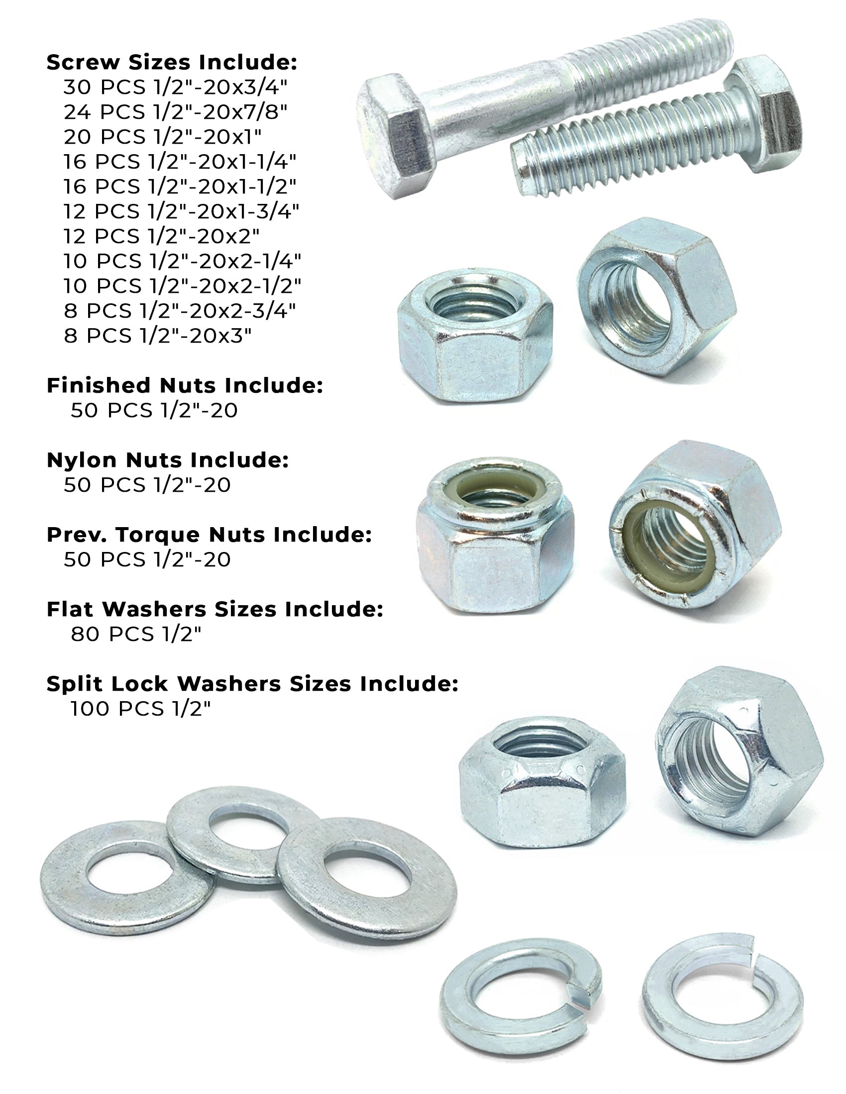 1/2"-20 Fine Grade 5 Hex Cap Screws, Nuts, & Washers - 496 PCS