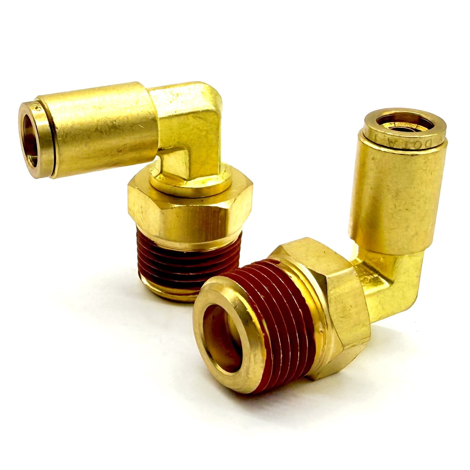 1/2" Tube to 1/2" NPT 90 Degree Elbow Male Pipe Connector, Brass D.O.T. Push to Connect Air Brake Fitting with Red Acrylic Thread Sealant
