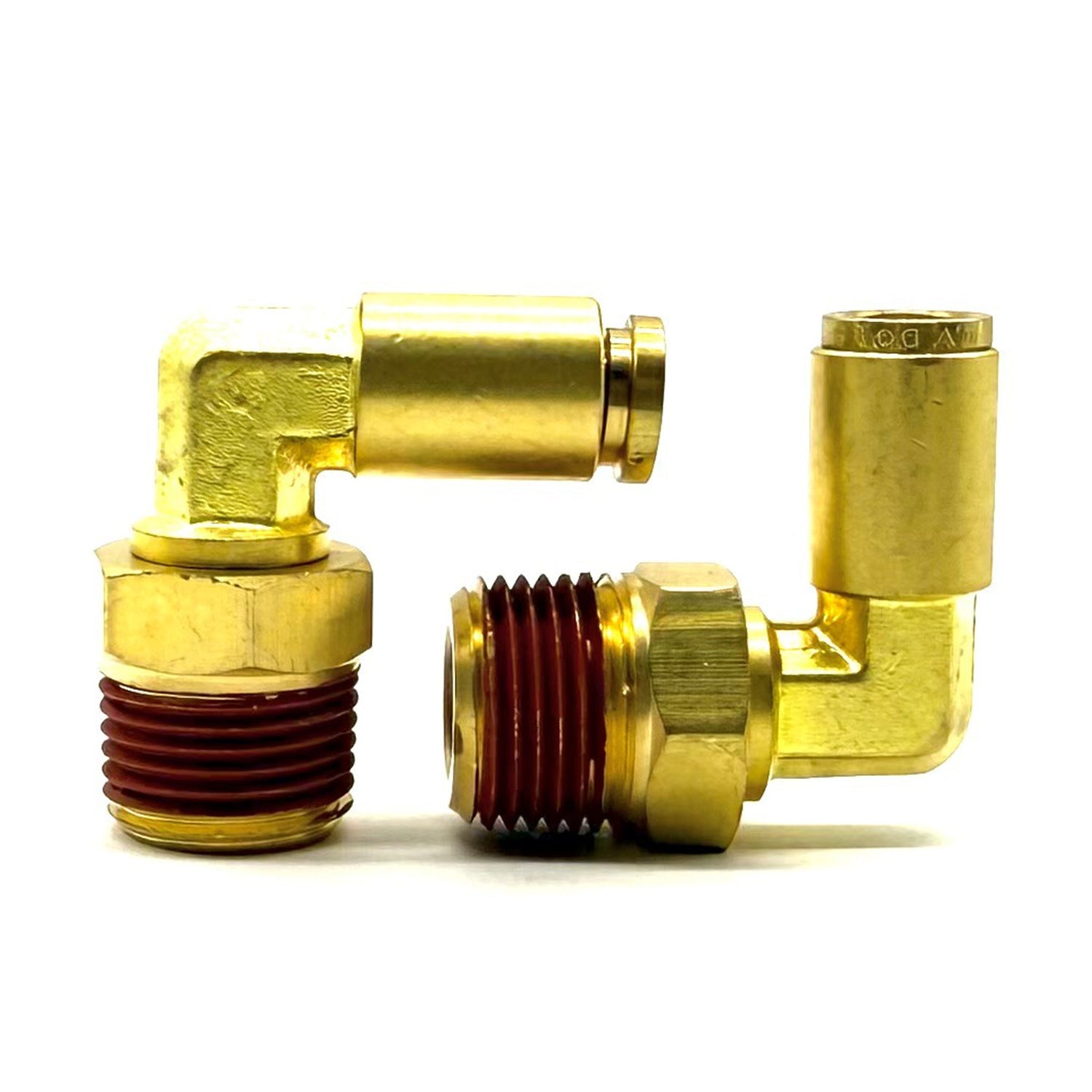 3/8" Tube to 1/8" NPT 90 Degree Elbow Male Pipe Connector, Brass D.O.T. Push to Connect Air Brake Fitting with Red Acrylic Thread Sealant