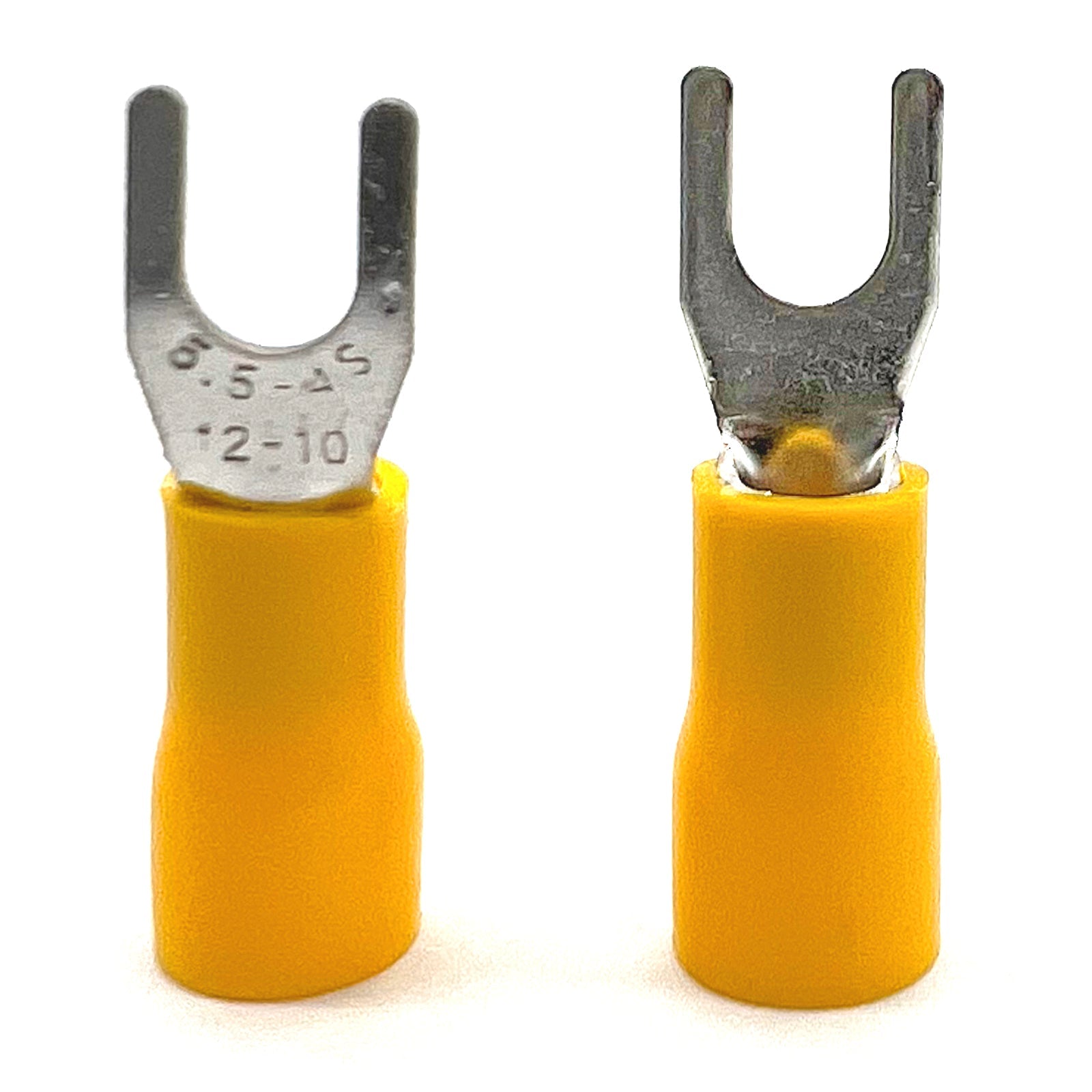 Yellow PVC/Vinyl #8 Fork Crimp Connector, AWG 12-10