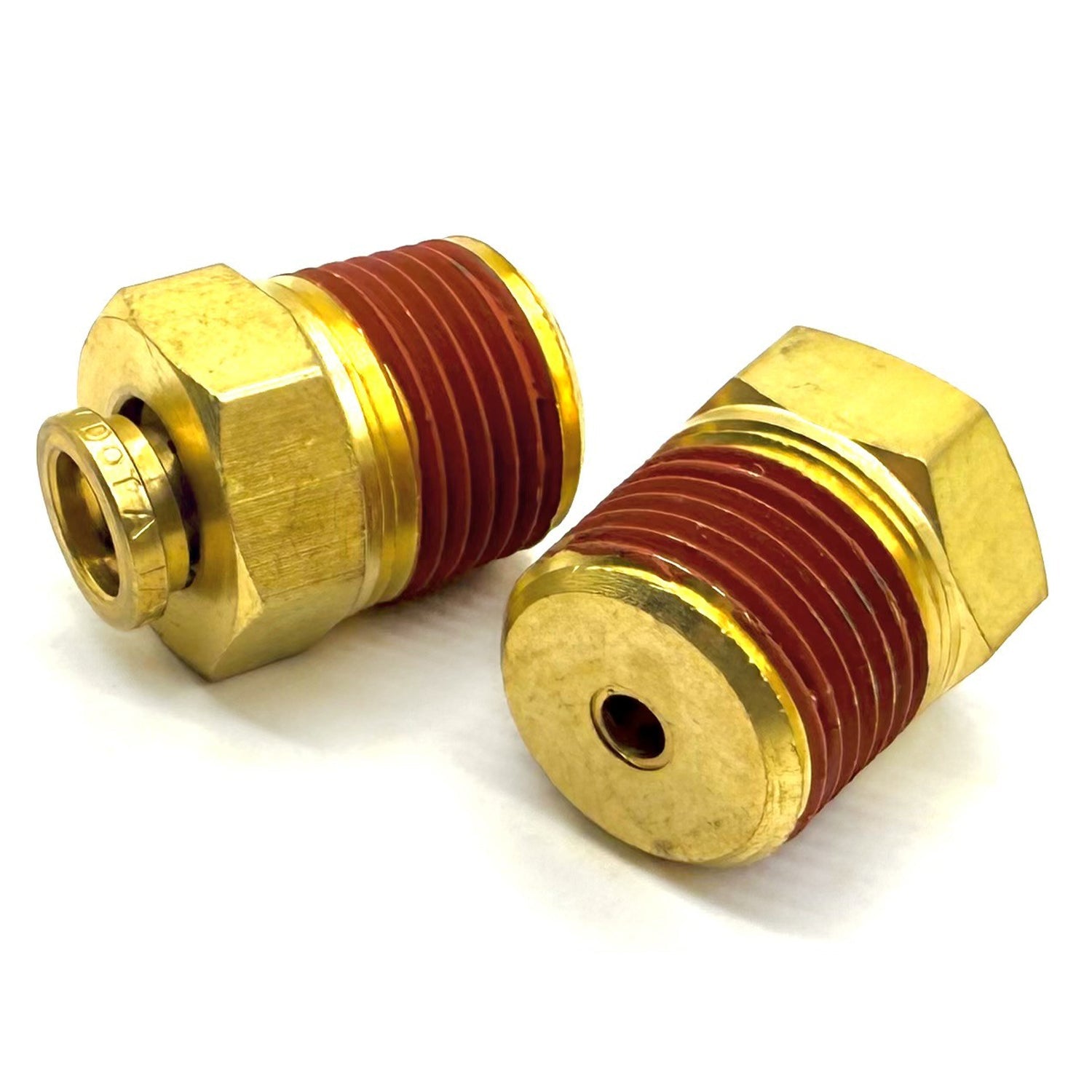 3/8" Tube to 1/2" NPT Straight Male Pipe Connector, Brass D.O.T. Push to Connect Air Brake Fitting with Red Acrylic Thread Sealant