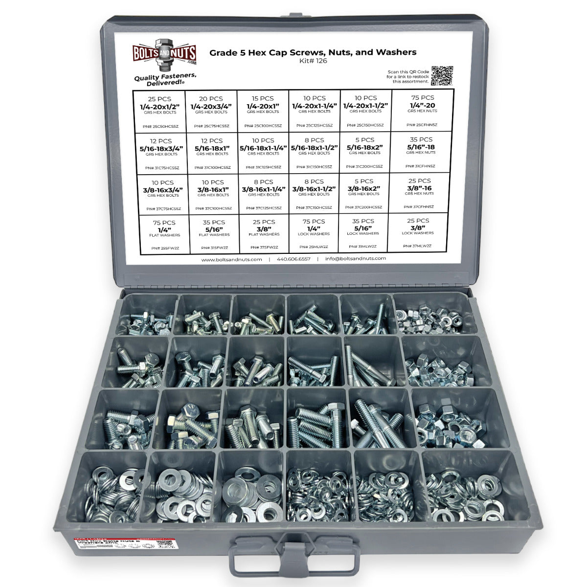 Inch Grade 5 Hex Cap Screws, Hex Nuts, Flat & Lock Washers - 574 PCS