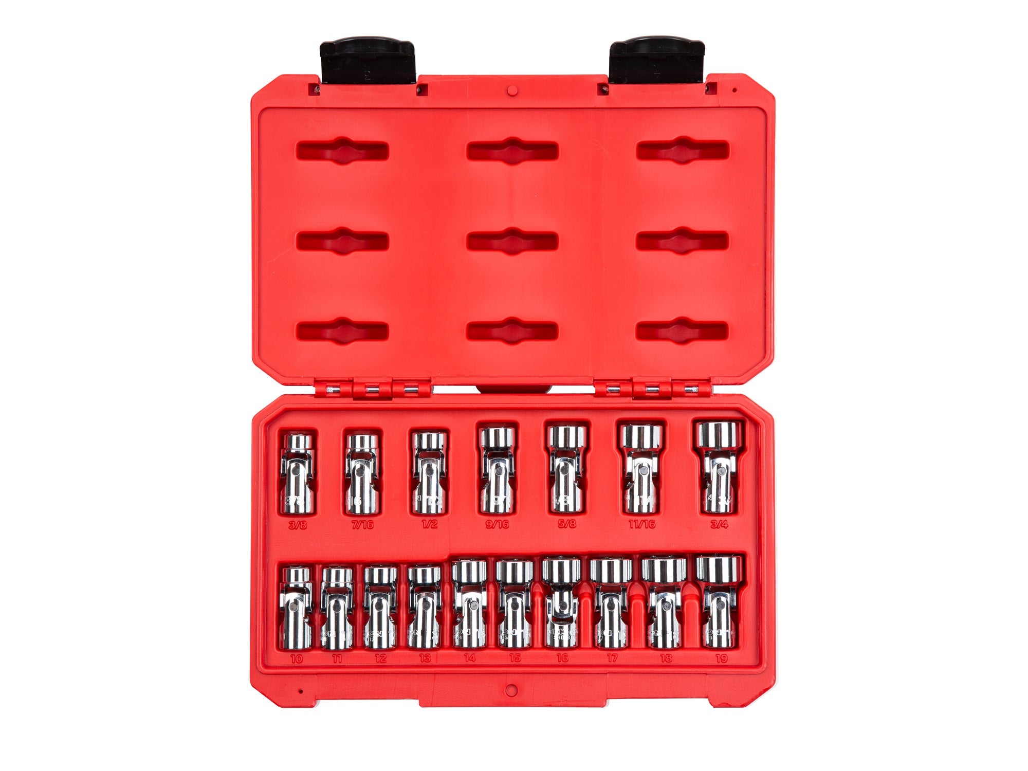 3/8 Inch Drive Shallow 6-Point Universal Joint Socket Set with Case, 17-Piece (3/8 - 3/4 in., 10 - 19 mm)