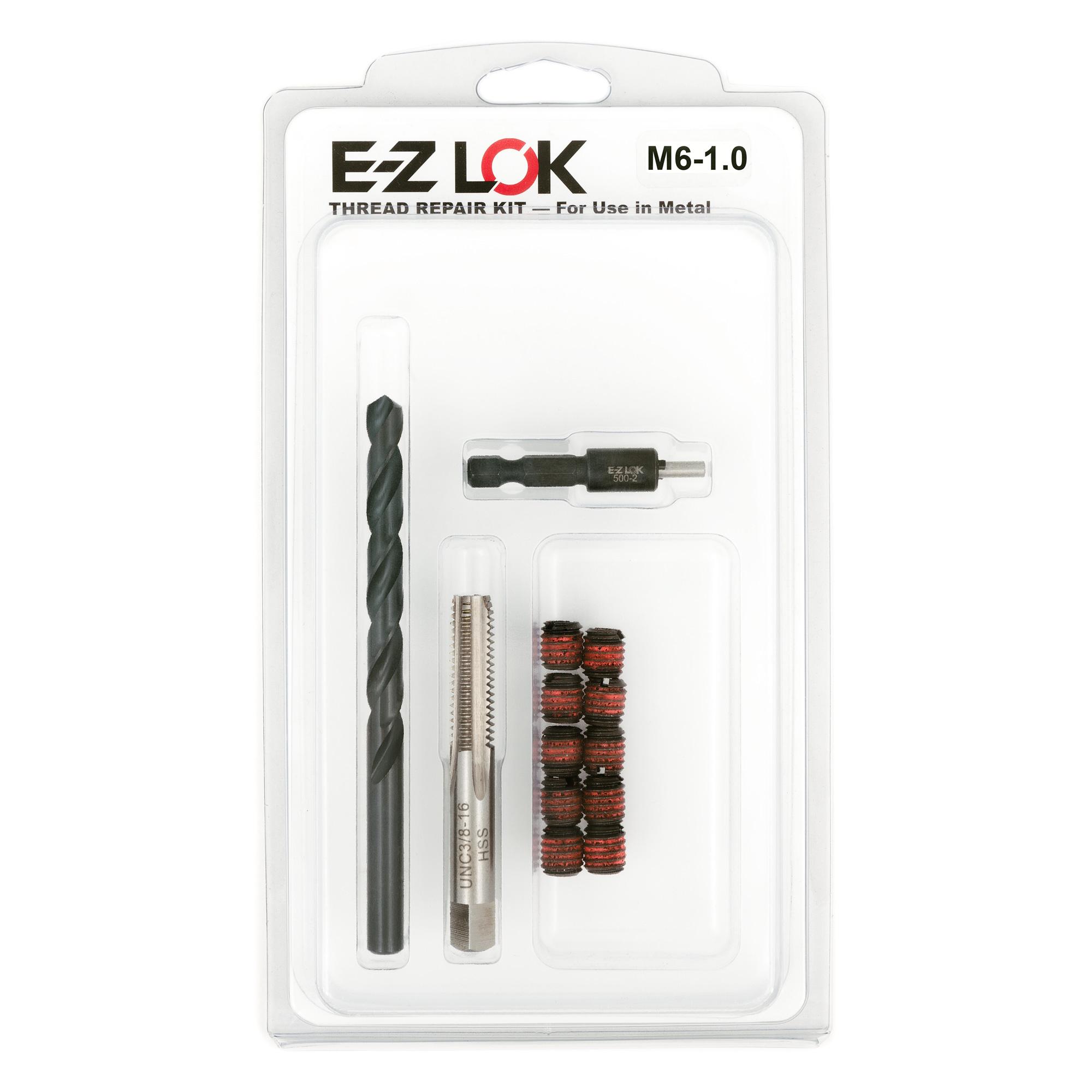M6-1.0 x M10-1.5 Carbon Steel Solid Wall Threaded Insert W/Red Loctite Standard Repair Kit with Inserts, Drill Bit, Tap, and Install Tool